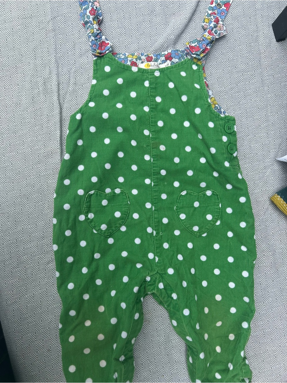 Baby Boden Green Polka Dot Overalls with Floral Straps